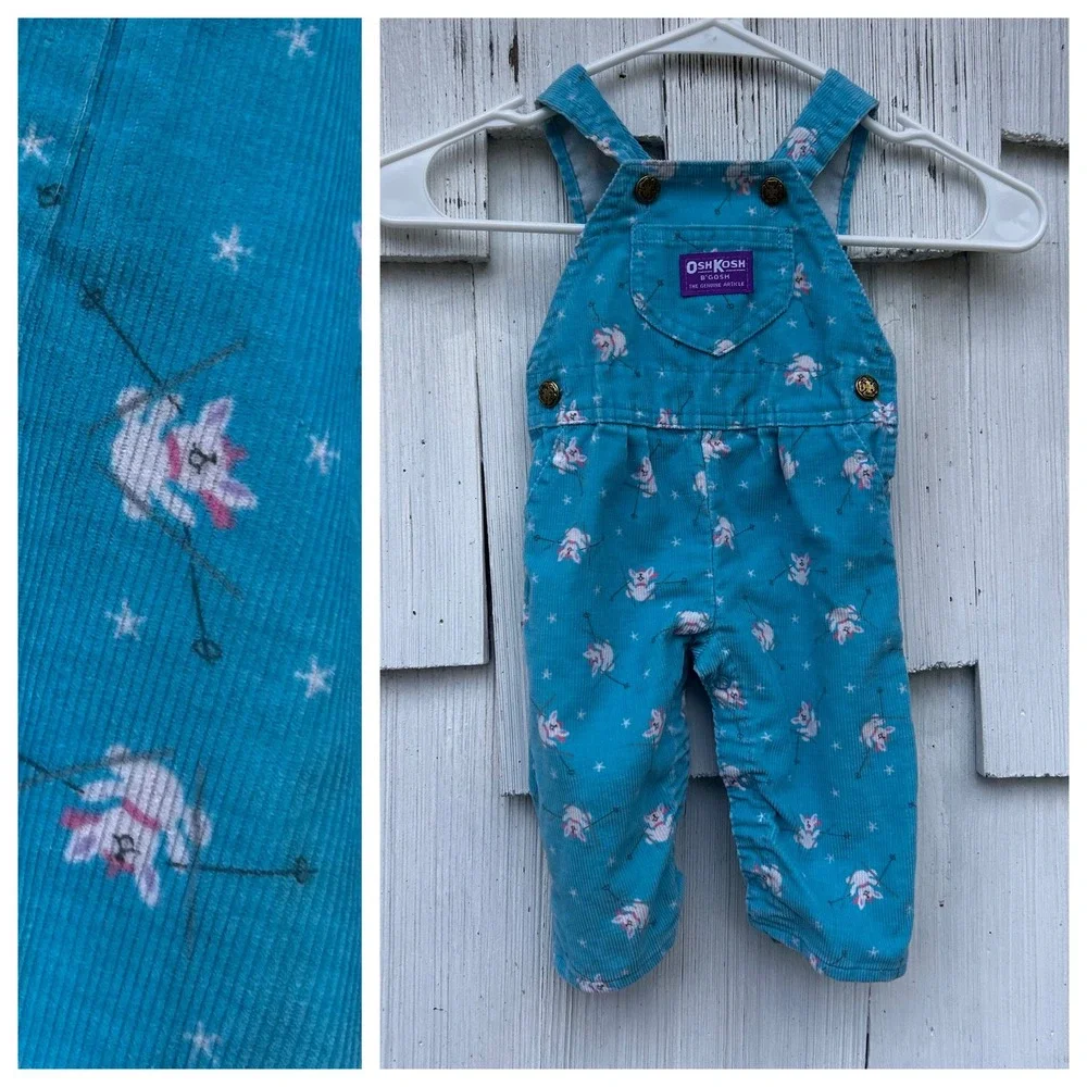 Vintage OshKosh B'gosh Baby Teal Bunny Corduroy Overalls Size 3/6‎ Months
